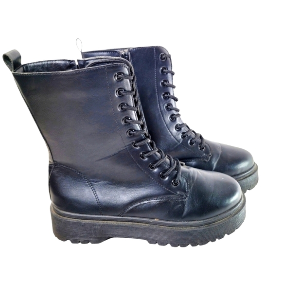 BM Collection Black Vegan Leather Platform Combat Boots Size 10 - Picture 2 of 11